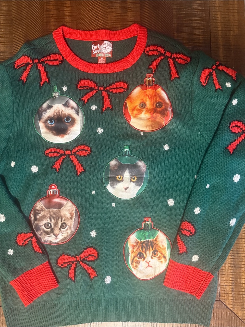 Adult Green Holiday Cat Ornament ugly Sweater